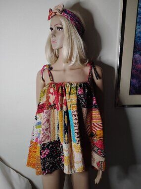 Kantha Patchwork Summer Top Reversible Up to 2X Handmade Boho Hippie New KST1.